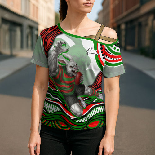 Personalized South Sydney Rabbitohs Cross Shoulder Shirt Aboriginal Dot Art - Dreamtime Rugby Mascot