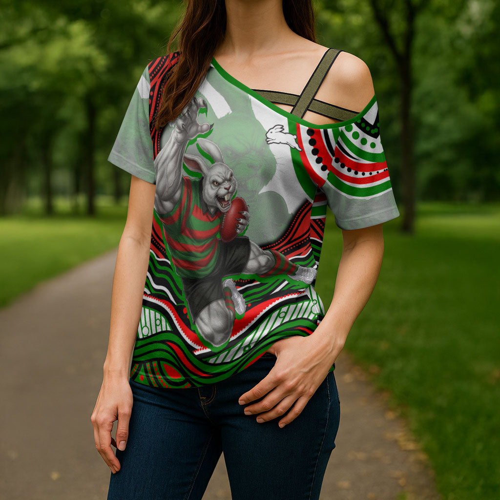 Personalized South Sydney Rabbitohs Cross Shoulder Shirt Aboriginal Dot Art - Dreamtime Rugby Mascot