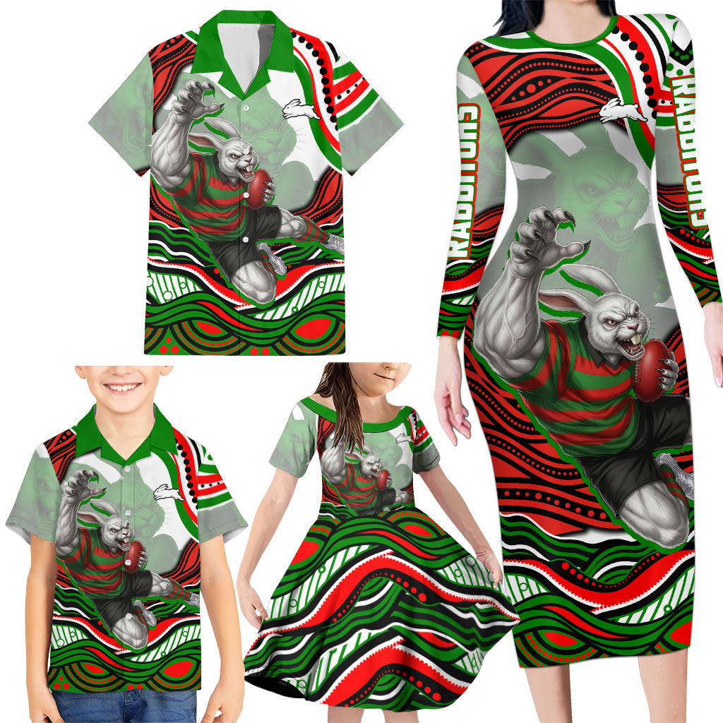 Personalized South Sydney Rabbitohs Family Matching Long Sleeve Bodycon Dress and Hawaiian Shirt Aboriginal Dot Art - Dreamtime Rugby Mascot