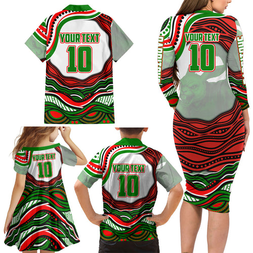 Personalized South Sydney Rabbitohs Family Matching Long Sleeve Bodycon Dress and Hawaiian Shirt Aboriginal Dot Art - Dreamtime Rugby Mascot