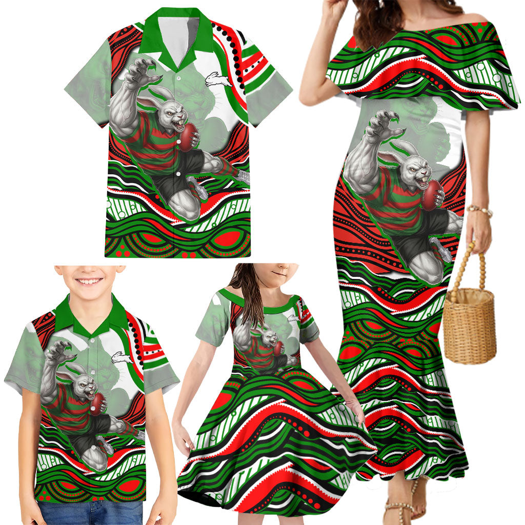 Personalized South Sydney Rabbitohs Family Matching Mermaid Dress and Hawaiian Shirt Aboriginal Dot Art - Dreamtime Rugby Mascot