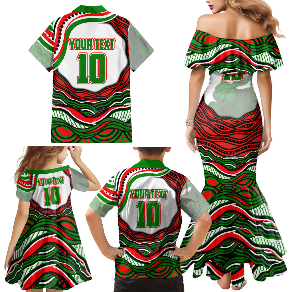 Personalized South Sydney Rabbitohs Family Matching Mermaid Dress and Hawaiian Shirt Aboriginal Dot Art - Dreamtime Rugby Mascot