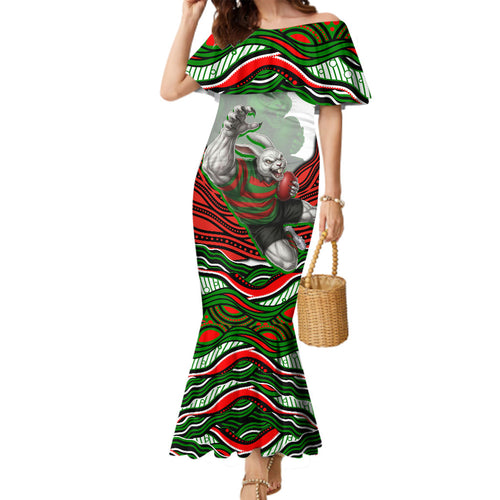 Personalized South Sydney Rabbitohs Family Matching Mermaid Dress and Hawaiian Shirt Aboriginal Dot Art - Dreamtime Rugby Mascot
