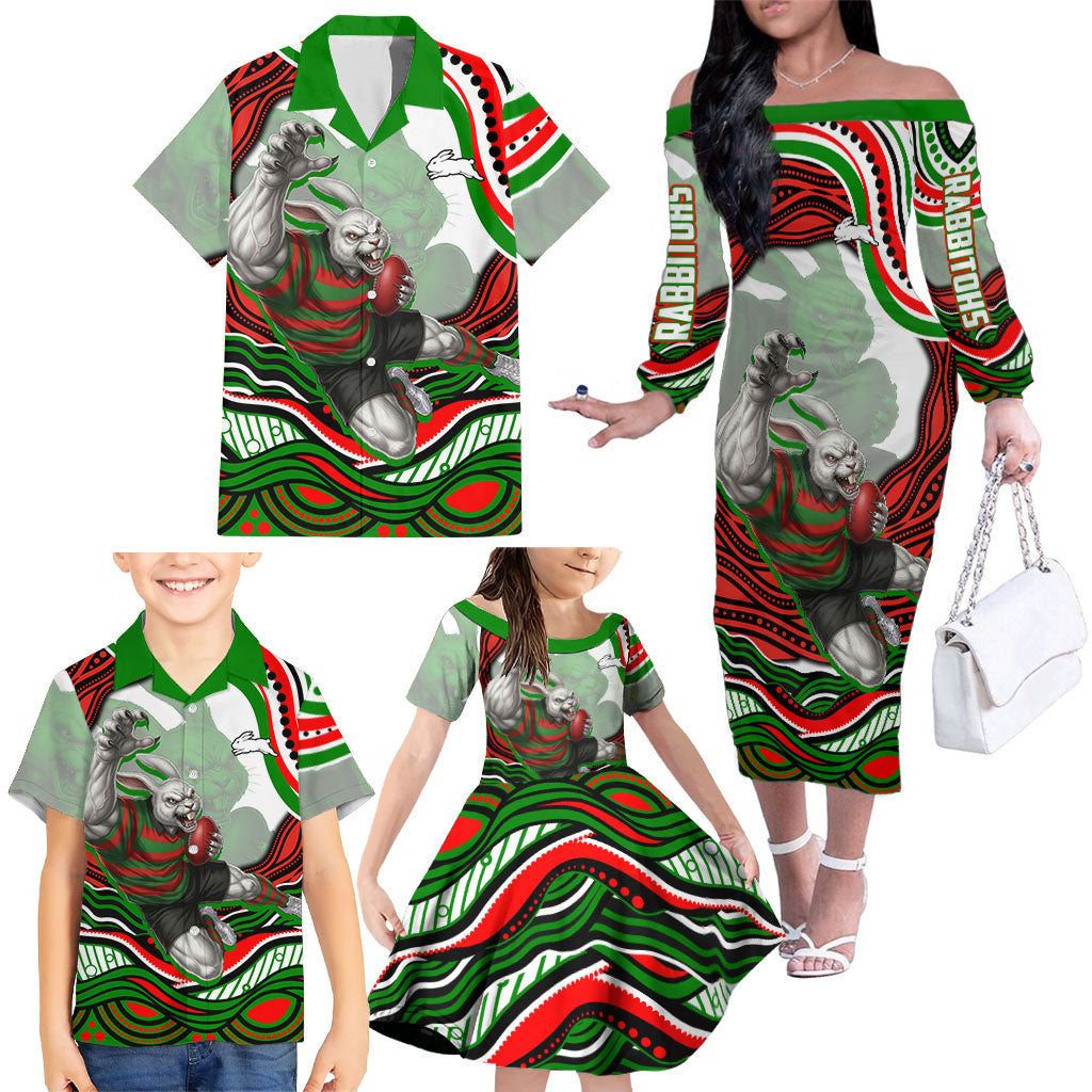 Personalized South Sydney Rabbitohs Family Matching Off The Shoulder Long Sleeve Dress and Hawaiian Shirt Aboriginal Dot Art - Dreamtime Rugby Mascot