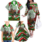 Personalized South Sydney Rabbitohs Family Matching Off The Shoulder Long Sleeve Dress and Hawaiian Shirt Aboriginal Dot Art - Dreamtime Rugby Mascot