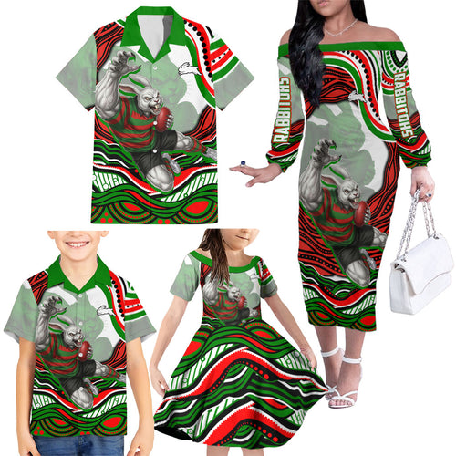 Personalized South Sydney Rabbitohs Family Matching Off The Shoulder Long Sleeve Dress and Hawaiian Shirt Aboriginal Dot Art - Dreamtime Rugby Mascot