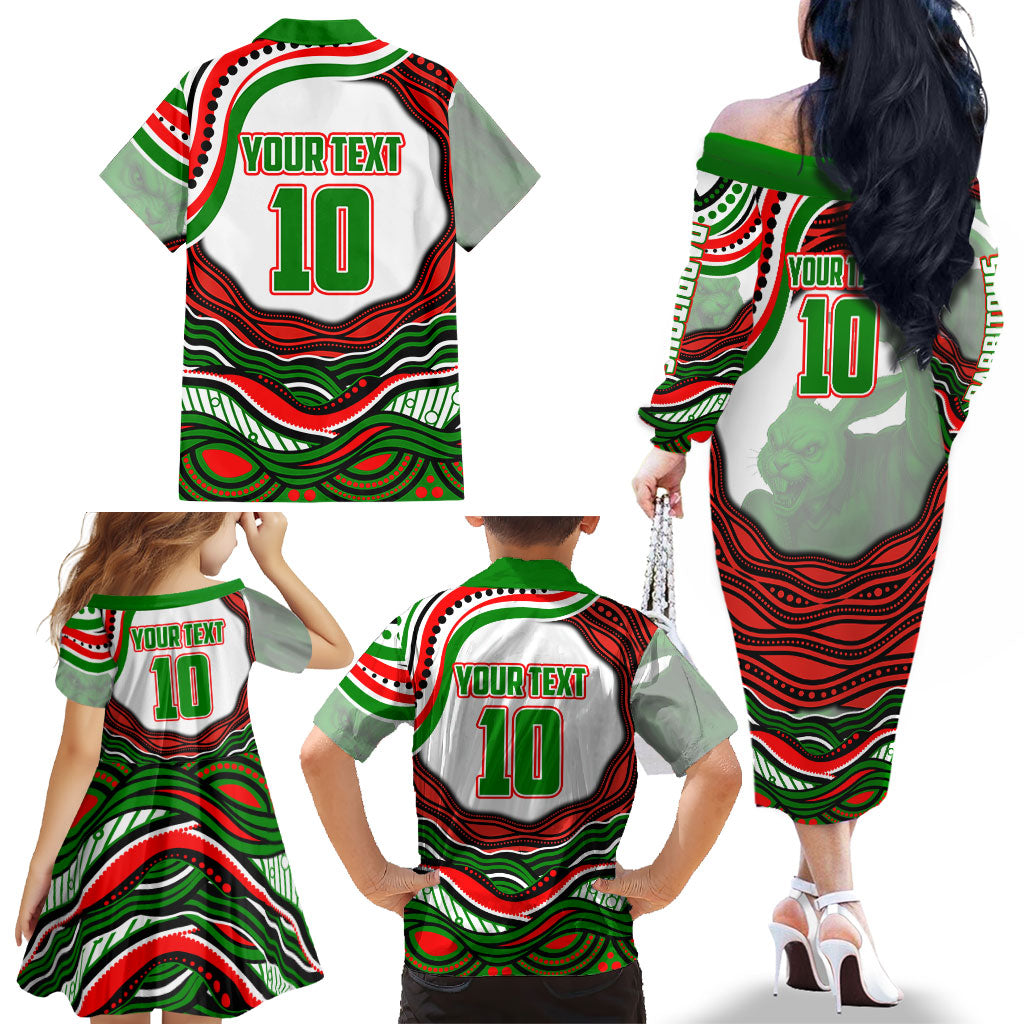 Personalized South Sydney Rabbitohs Family Matching Off The Shoulder Long Sleeve Dress and Hawaiian Shirt Aboriginal Dot Art - Dreamtime Rugby Mascot