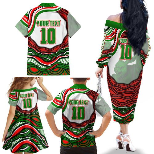 Personalized South Sydney Rabbitohs Family Matching Off The Shoulder Long Sleeve Dress and Hawaiian Shirt Aboriginal Dot Art - Dreamtime Rugby Mascot