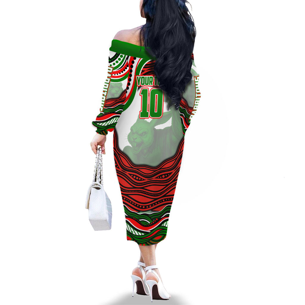 Personalized South Sydney Rabbitohs Family Matching Off The Shoulder Long Sleeve Dress and Hawaiian Shirt Aboriginal Dot Art - Dreamtime Rugby Mascot