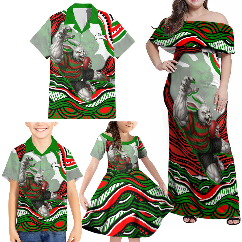 Personalized South Sydney Rabbitohs Family Matching Off Shoulder Maxi Dress and Hawaiian Shirt Aboriginal Dot Art - Dreamtime Rugby Mascot