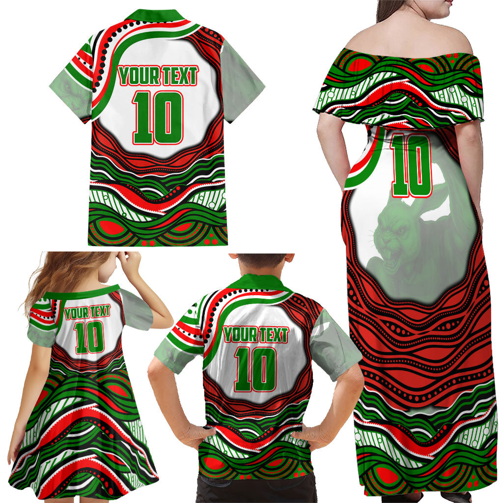 Personalized South Sydney Rabbitohs Family Matching Off Shoulder Maxi Dress and Hawaiian Shirt Aboriginal Dot Art - Dreamtime Rugby Mascot