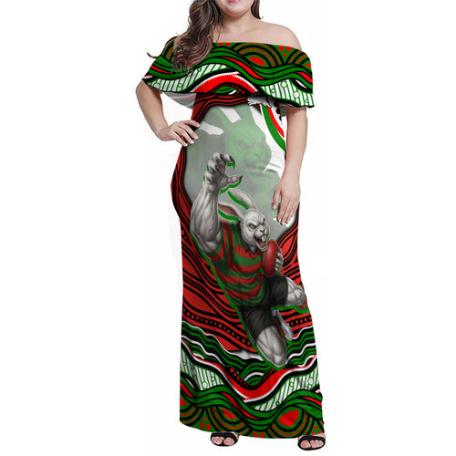 Personalized South Sydney Rabbitohs Family Matching Off Shoulder Maxi Dress and Hawaiian Shirt Aboriginal Dot Art - Dreamtime Rugby Mascot