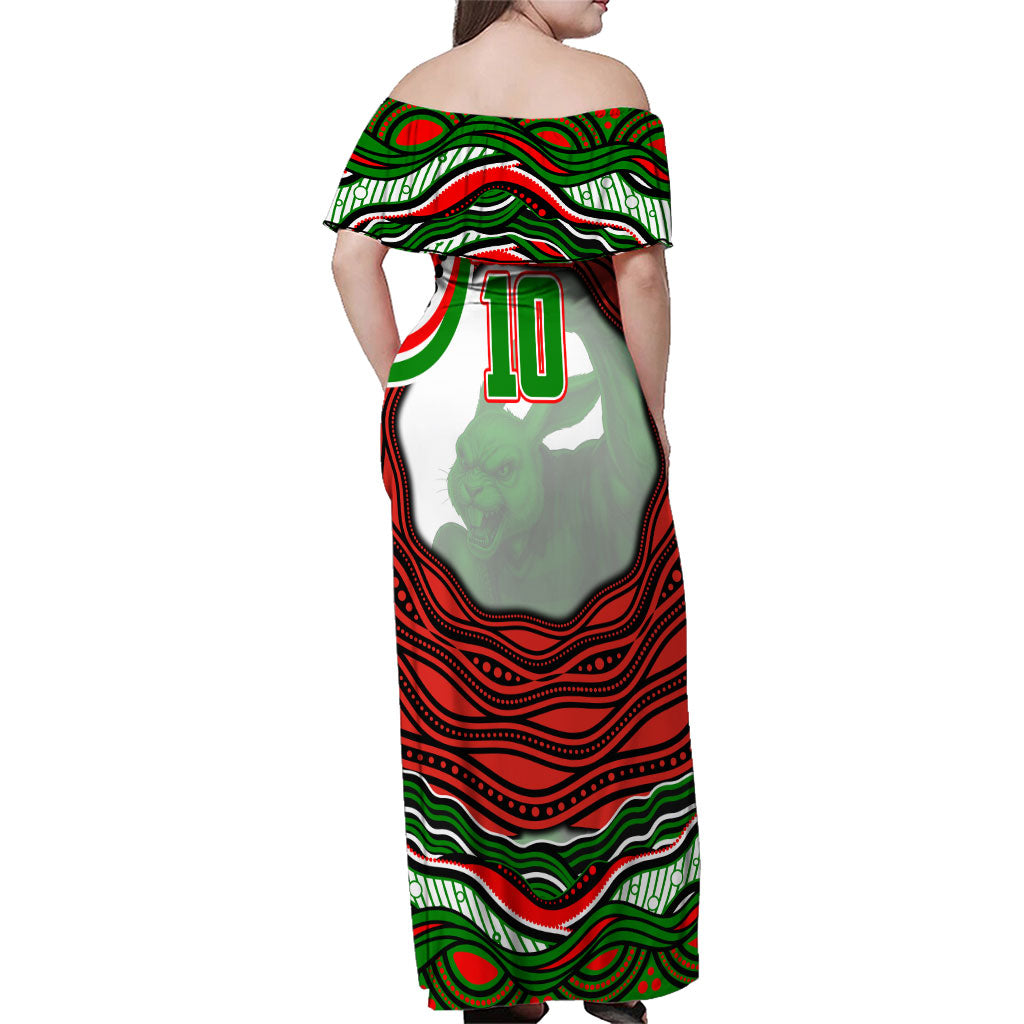 Personalized South Sydney Rabbitohs Family Matching Off Shoulder Maxi Dress and Hawaiian Shirt Aboriginal Dot Art - Dreamtime Rugby Mascot