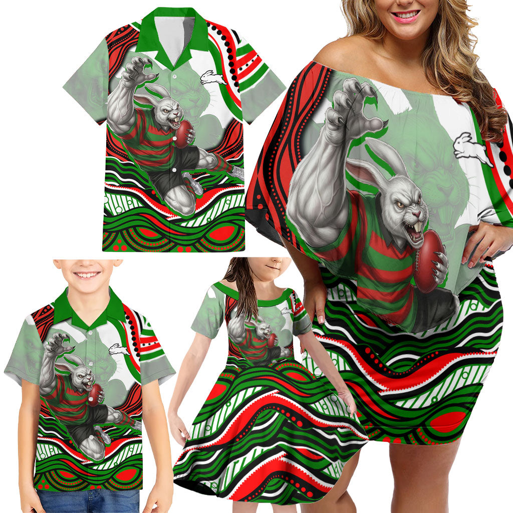 Personalized South Sydney Rabbitohs Family Matching Off Shoulder Short Dress and Hawaiian Shirt Aboriginal Dot Art - Dreamtime Rugby Mascot