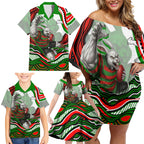 Personalized South Sydney Rabbitohs Family Matching Off Shoulder Short Dress and Hawaiian Shirt Aboriginal Dot Art - Dreamtime Rugby Mascot