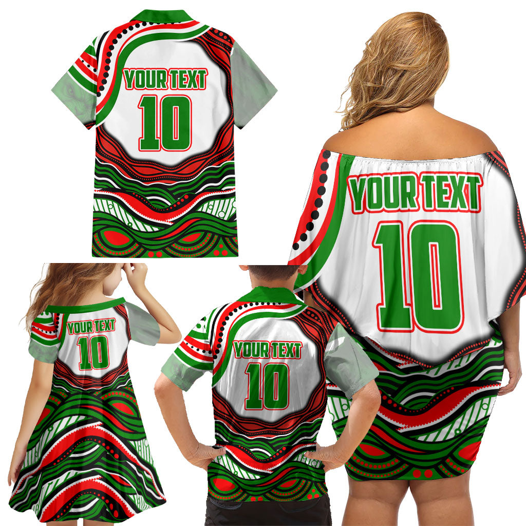 Personalized South Sydney Rabbitohs Family Matching Off Shoulder Short Dress and Hawaiian Shirt Aboriginal Dot Art - Dreamtime Rugby Mascot