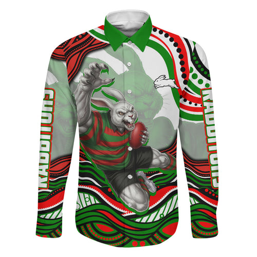Personalized South Sydney Rabbitohs Family Matching Off Shoulder Short Dress and Hawaiian Shirt Aboriginal Dot Art - Dreamtime Rugby Mascot