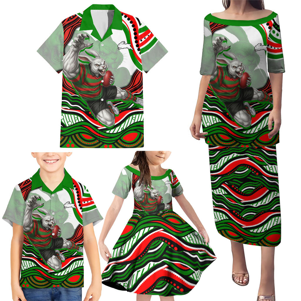 Personalized South Sydney Rabbitohs Family Matching Puletasi and Hawaiian Shirt Aboriginal Dot Art - Dreamtime Rugby Mascot