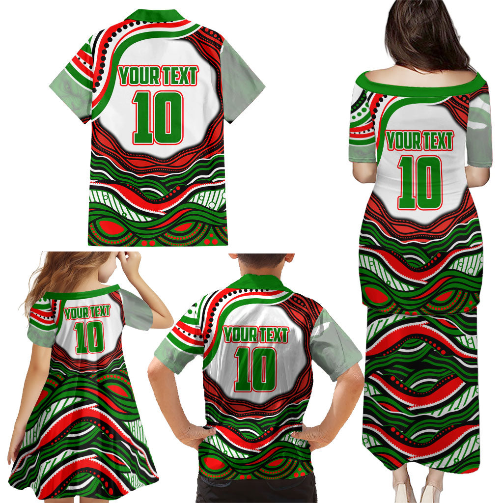 Personalized South Sydney Rabbitohs Family Matching Puletasi and Hawaiian Shirt Aboriginal Dot Art - Dreamtime Rugby Mascot