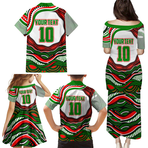 Personalized South Sydney Rabbitohs Family Matching Puletasi and Hawaiian Shirt Aboriginal Dot Art - Dreamtime Rugby Mascot