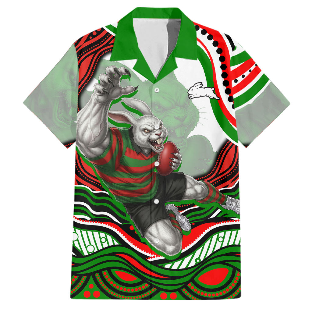 Personalized South Sydney Rabbitohs Family Matching Puletasi and Hawaiian Shirt Aboriginal Dot Art - Dreamtime Rugby Mascot