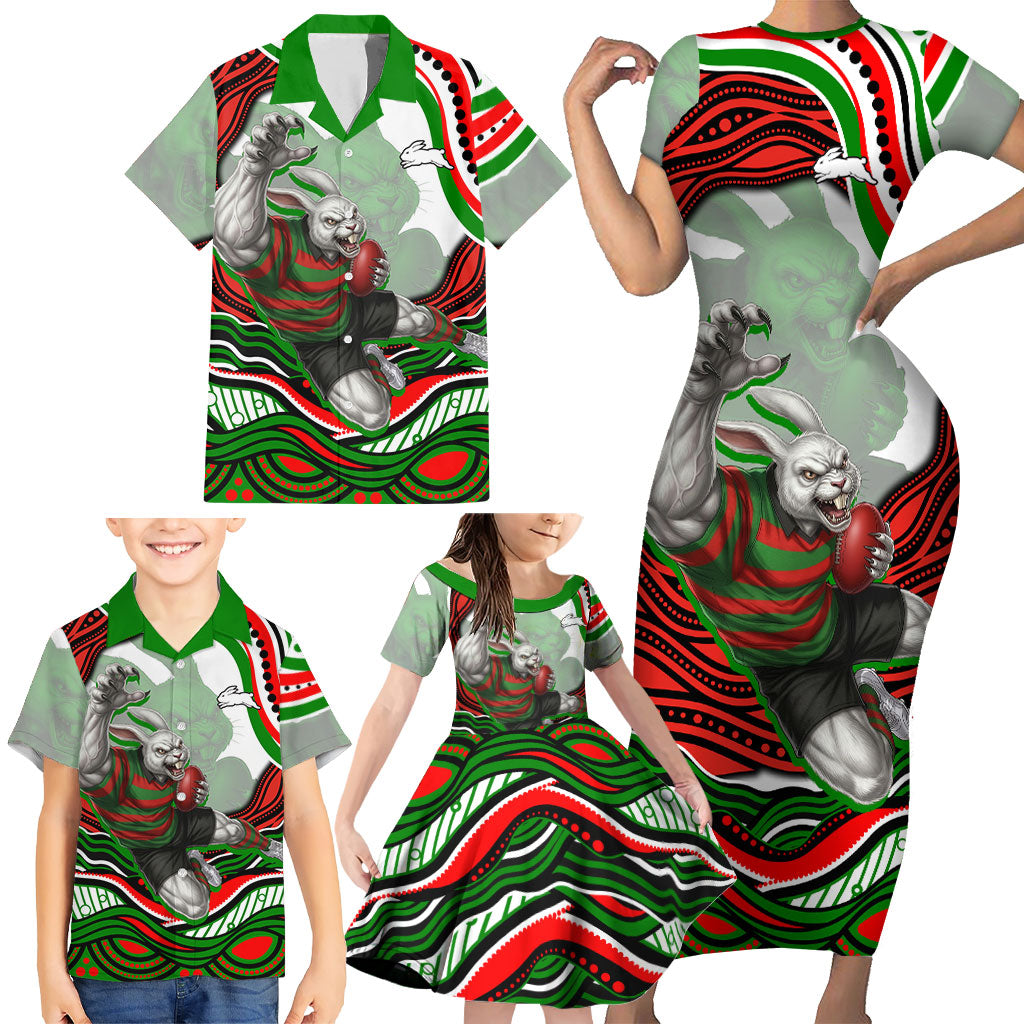 Personalized South Sydney Rabbitohs Family Matching Short Sleeve Bodycon Dress and Hawaiian Shirt Aboriginal Dot Art - Dreamtime Rugby Mascot