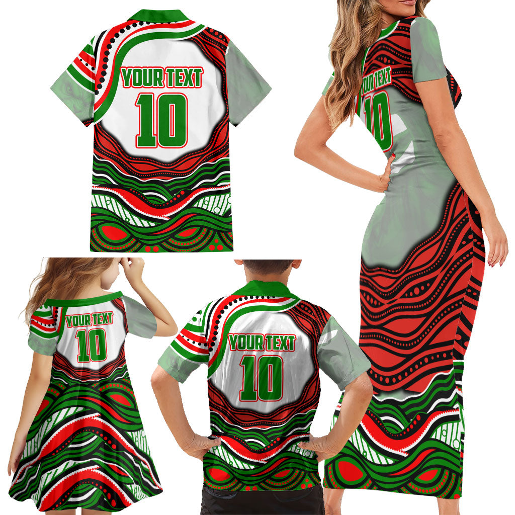Personalized South Sydney Rabbitohs Family Matching Short Sleeve Bodycon Dress and Hawaiian Shirt Aboriginal Dot Art - Dreamtime Rugby Mascot