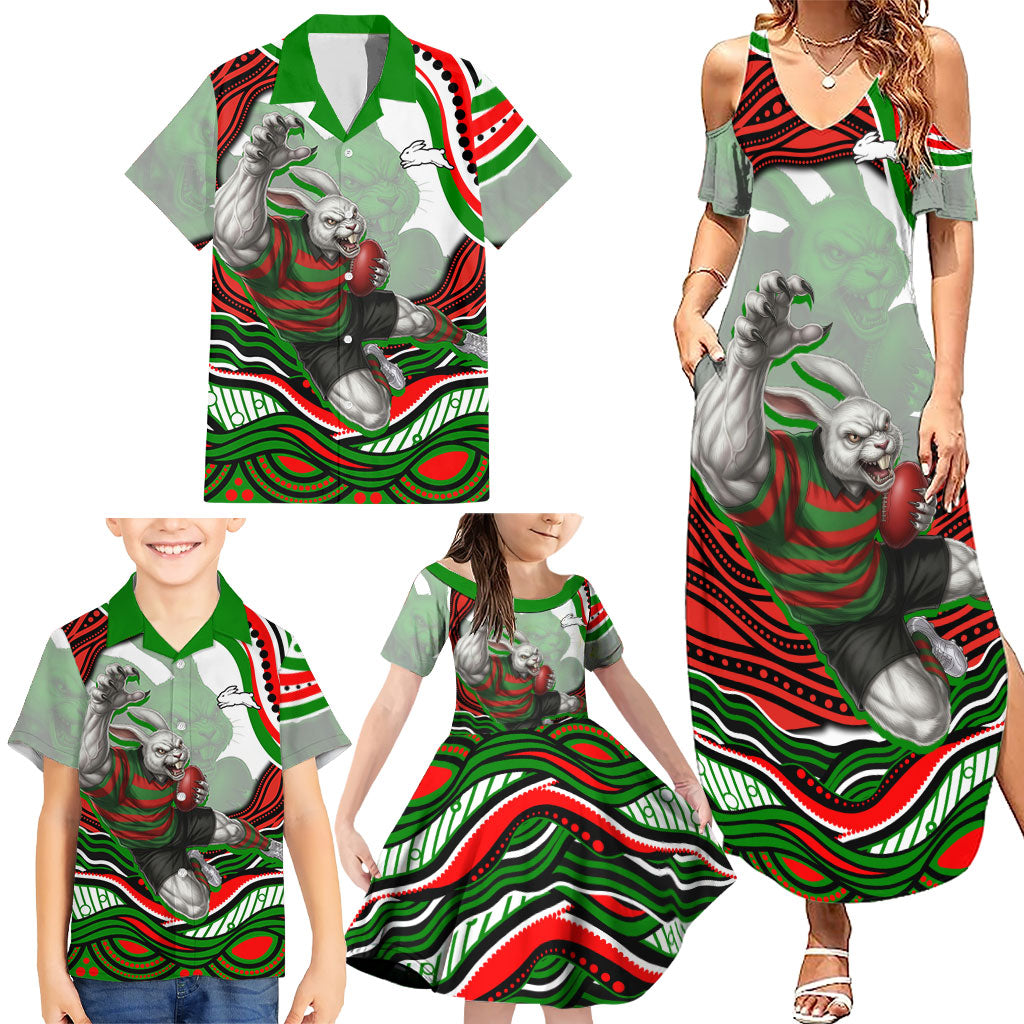 Personalized South Sydney Rabbitohs Family Matching Summer Maxi Dress and Hawaiian Shirt Aboriginal Dot Art - Dreamtime Rugby Mascot