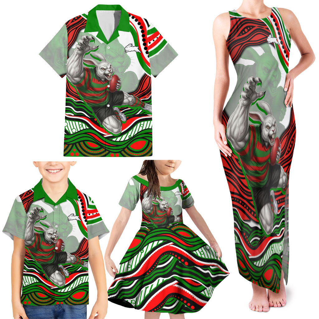 Personalized South Sydney Rabbitohs Family Matching Tank Maxi Dress and Hawaiian Shirt Aboriginal Dot Art - Dreamtime Rugby Mascot