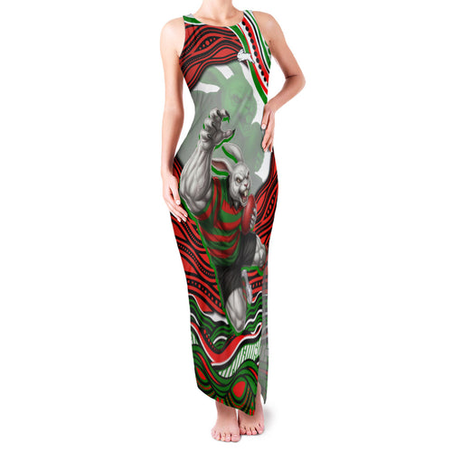 Personalized South Sydney Rabbitohs Family Matching Tank Maxi Dress and Hawaiian Shirt Aboriginal Dot Art - Dreamtime Rugby Mascot