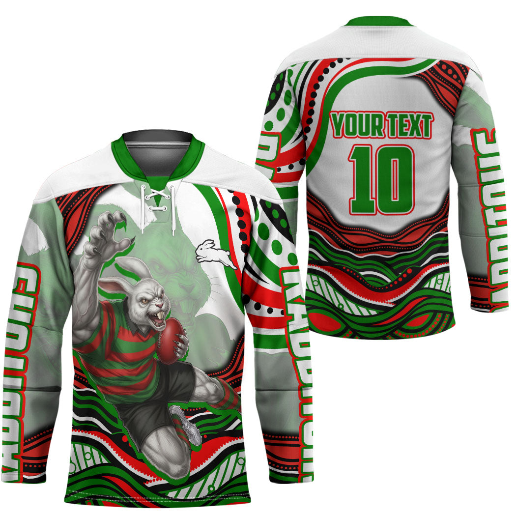 Personalized South Sydney Rabbitohs Hockey Jersey Aboriginal Dot Art - Dreamtime Rugby Mascot