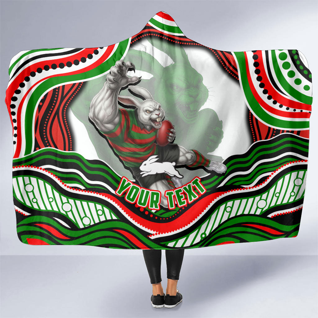 Personalized South Sydney Rabbitohs Hooded Blanket Aboriginal Dot Art - Dreamtime Rugby Mascot