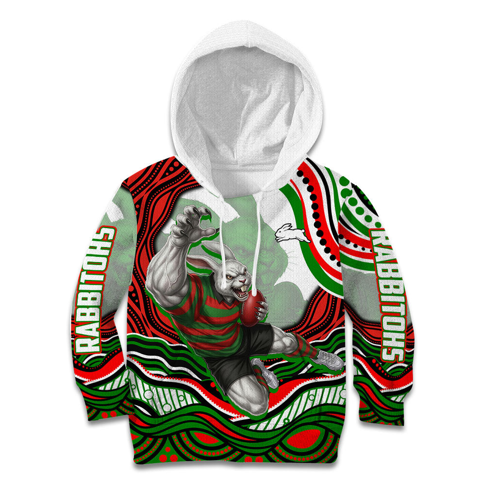 Personalized South Sydney Rabbitohs Kid Hoodie Aboriginal Dot Art - Dreamtime Rugby Mascot