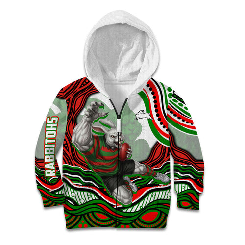 Personalized South Sydney Rabbitohs Kid Hoodie Aboriginal Dot Art - Dreamtime Rugby Mascot