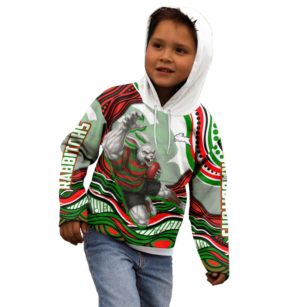 Personalized South Sydney Rabbitohs Kid Hoodie Aboriginal Dot Art - Dreamtime Rugby Mascot