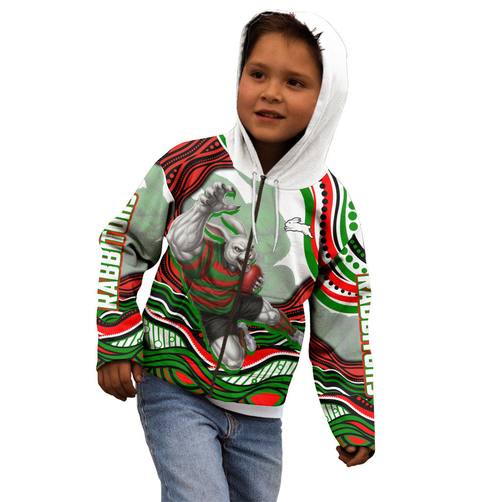 Personalized South Sydney Rabbitohs Kid Hoodie Aboriginal Dot Art - Dreamtime Rugby Mascot