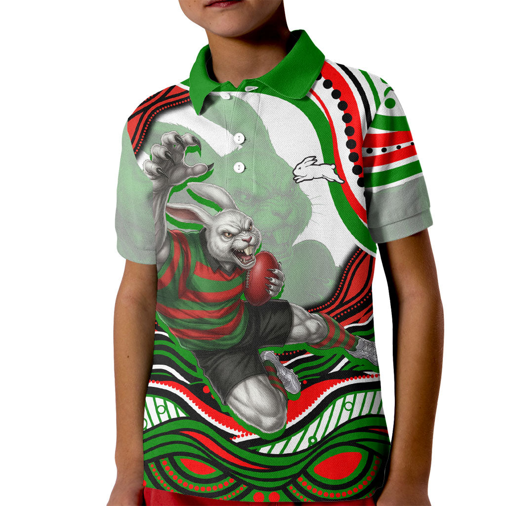 Personalized South Sydney Rabbitohs Kid Polo Shirt Aboriginal Dot Art - Dreamtime Rugby Mascot