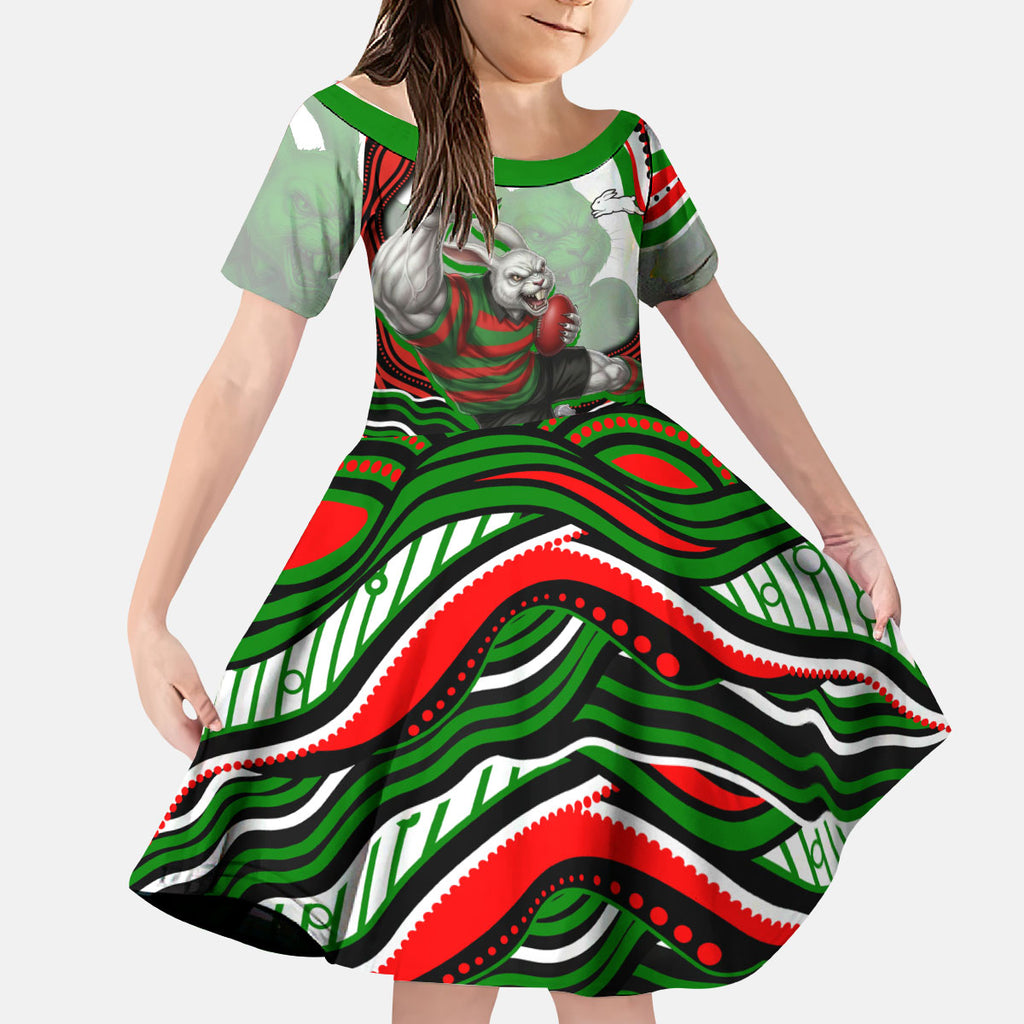 Personalized South Sydney Rabbitohs Kid Short Sleeve Dress Aboriginal Dot Art - Dreamtime Rugby Mascot