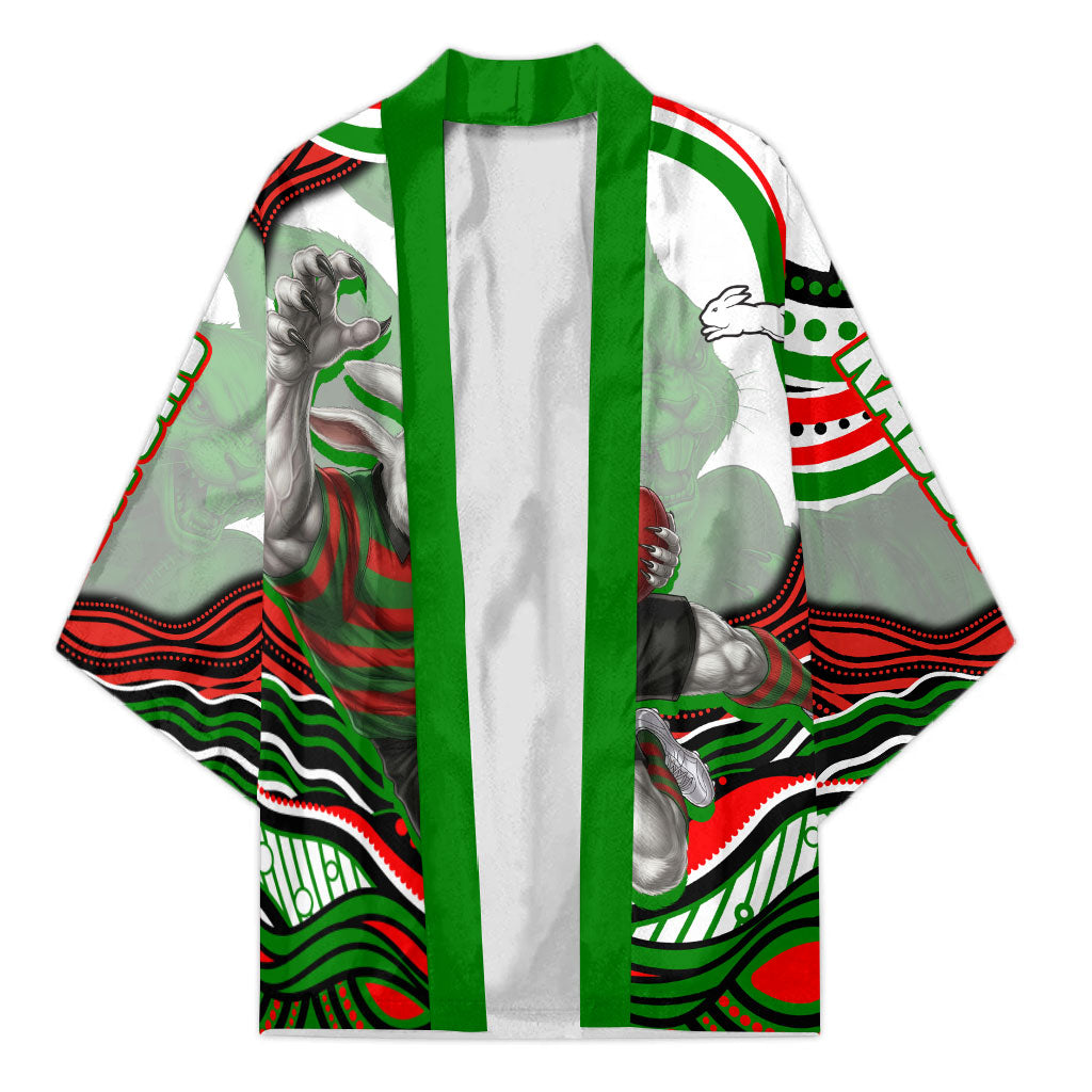 Personalized South Sydney Rabbitohs Kimono Aboriginal Dot Art - Dreamtime Rugby Mascot