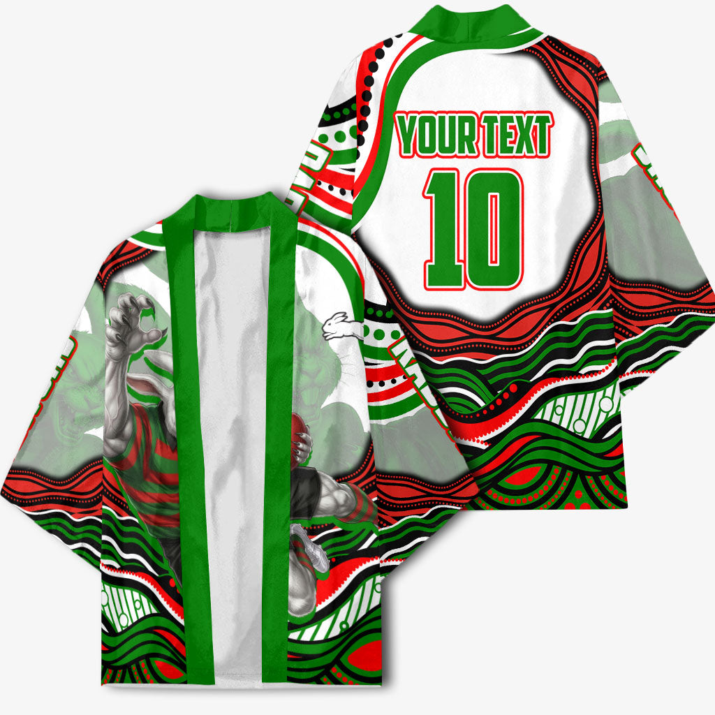 Personalized South Sydney Rabbitohs Kimono Aboriginal Dot Art - Dreamtime Rugby Mascot