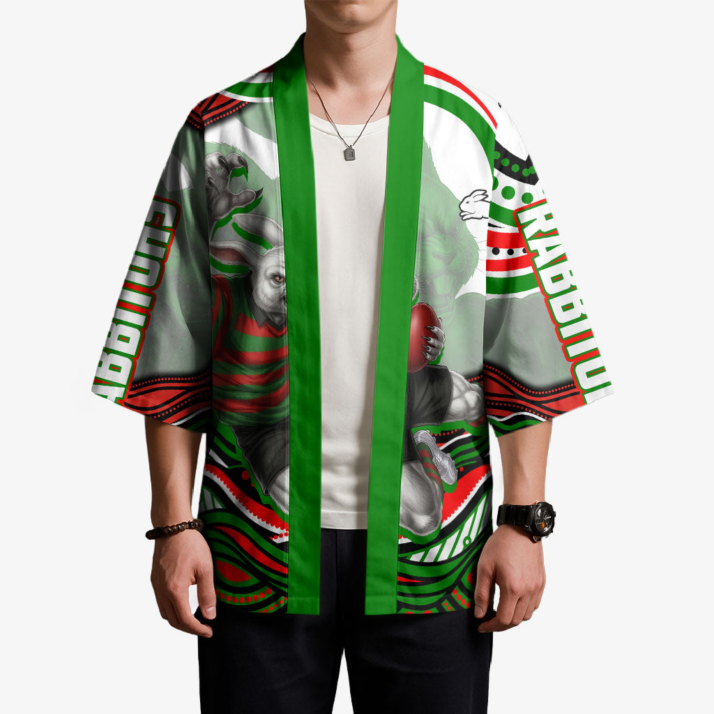 Personalized South Sydney Rabbitohs Kimono Aboriginal Dot Art - Dreamtime Rugby Mascot