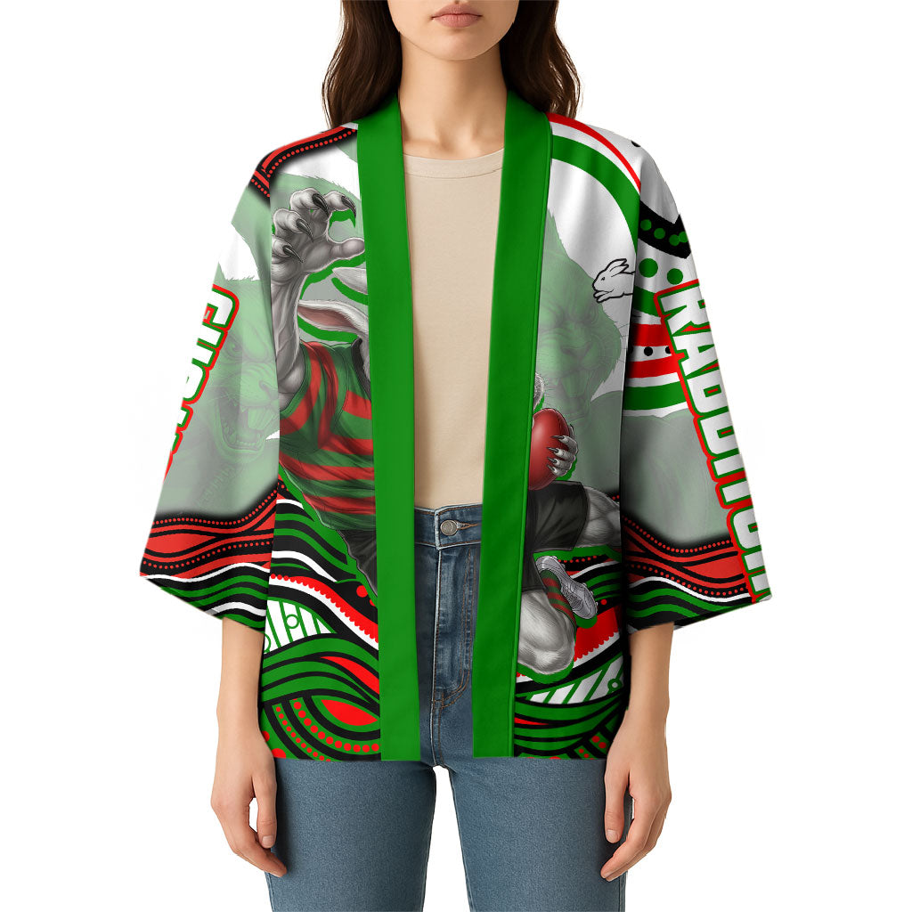 Personalized South Sydney Rabbitohs Kimono Aboriginal Dot Art - Dreamtime Rugby Mascot