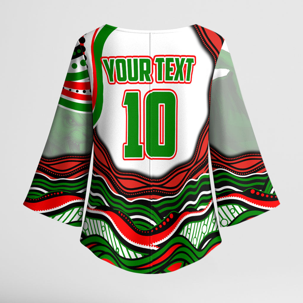 Personalized South Sydney Rabbitohs Kimono Sleeve Blouse Aboriginal Dot Art - Dreamtime Rugby Mascot