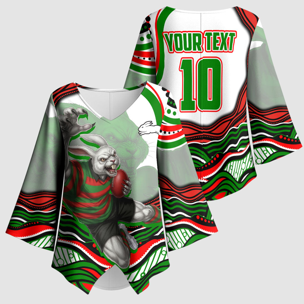 Personalized South Sydney Rabbitohs Kimono Sleeve Blouse Aboriginal Dot Art - Dreamtime Rugby Mascot