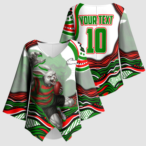 Personalized South Sydney Rabbitohs Kimono Sleeve Blouse Aboriginal Dot Art - Dreamtime Rugby Mascot