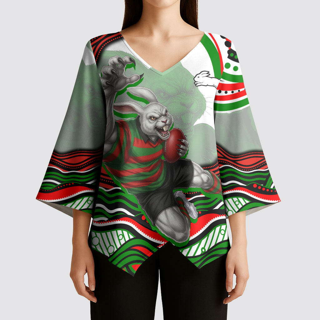 Personalized South Sydney Rabbitohs Kimono Sleeve Blouse Aboriginal Dot Art - Dreamtime Rugby Mascot