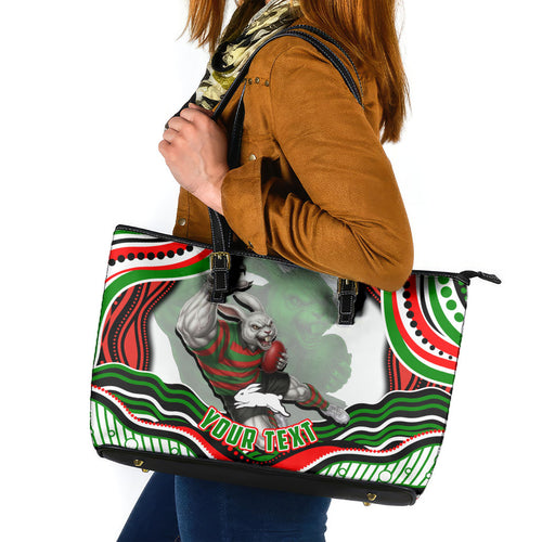 Personalized South Sydney Rabbitohs Leather Tote Bag Aboriginal Dot Art - Dreamtime Rugby Mascot