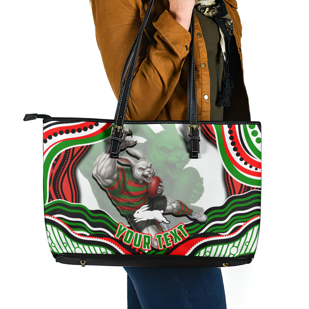 Personalized South Sydney Rabbitohs Leather Tote Bag Aboriginal Dot Art - Dreamtime Rugby Mascot