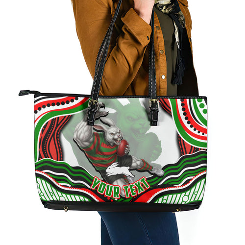 Personalized South Sydney Rabbitohs Leather Tote Bag Aboriginal Dot Art - Dreamtime Rugby Mascot