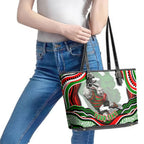 Personalized South Sydney Rabbitohs Leather Tote Bag Aboriginal Dot Art - Dreamtime Rugby Mascot